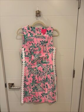 Lilly Pulitzer Pink Tropical Print Midi Dress with Green Palm Motif